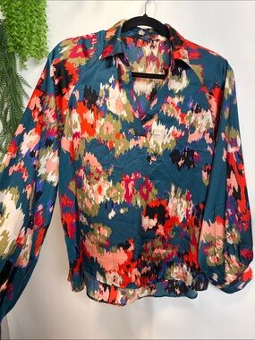 Source Unknown Teal Multicolor Abstract Print V-Neck Blouse